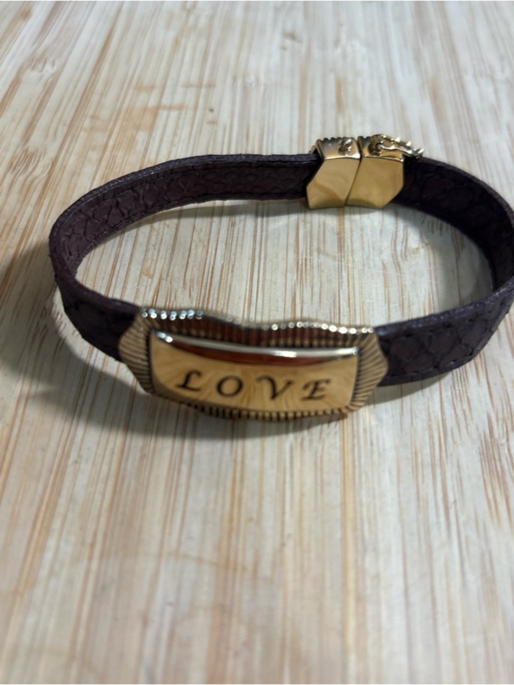 Barse Leather Bracelet 7 Inches Gold tone LOVE slide Magnetic safety clasp